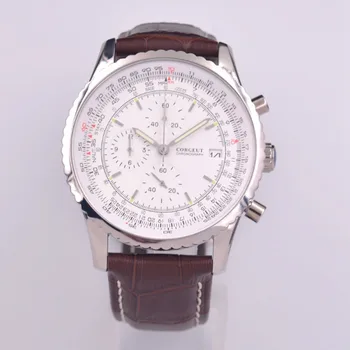 

Corgeut 46mm Watch Men Top Brand Luxury Leather Strap VK Chronograph Quartz Watch White Dial Auto Date Luminous Wristwatch Men