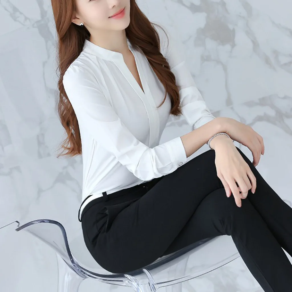 Women Brief Office Work Wear V Neck Shirts Long Sleeve Casual Tops Blouse white shirt women womens blouses and tops High quality Women Brief Office Work Wear V Neck Shirts Long Sleeve Casual Tops Blouse white shirt women womens blouses and tops High quality