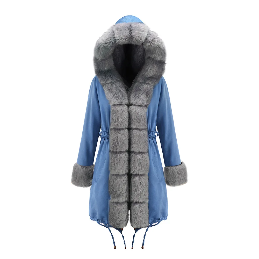 Зимняя женская куртка с большим меховым поясом с капюшоном, толстая пуховая парка, Длинная женская куртка, пальто размера плюс, теплая зимняя верхняя одежда, новинка L0191 - Цвет: 19D015-blue