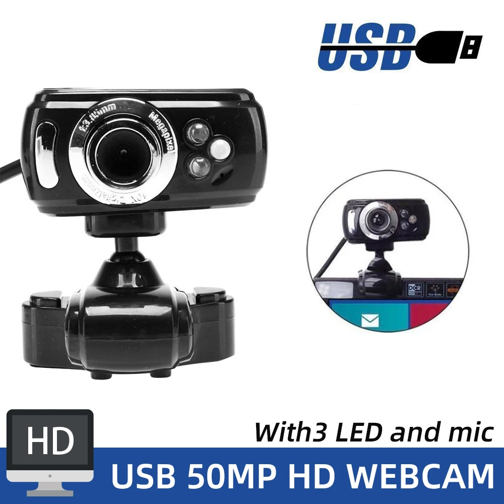 

HD USB 50.0M Webcam Video Camera 360 Degrees Rotation Base with Microphone 3 LED for PC Laptop Black 1pc