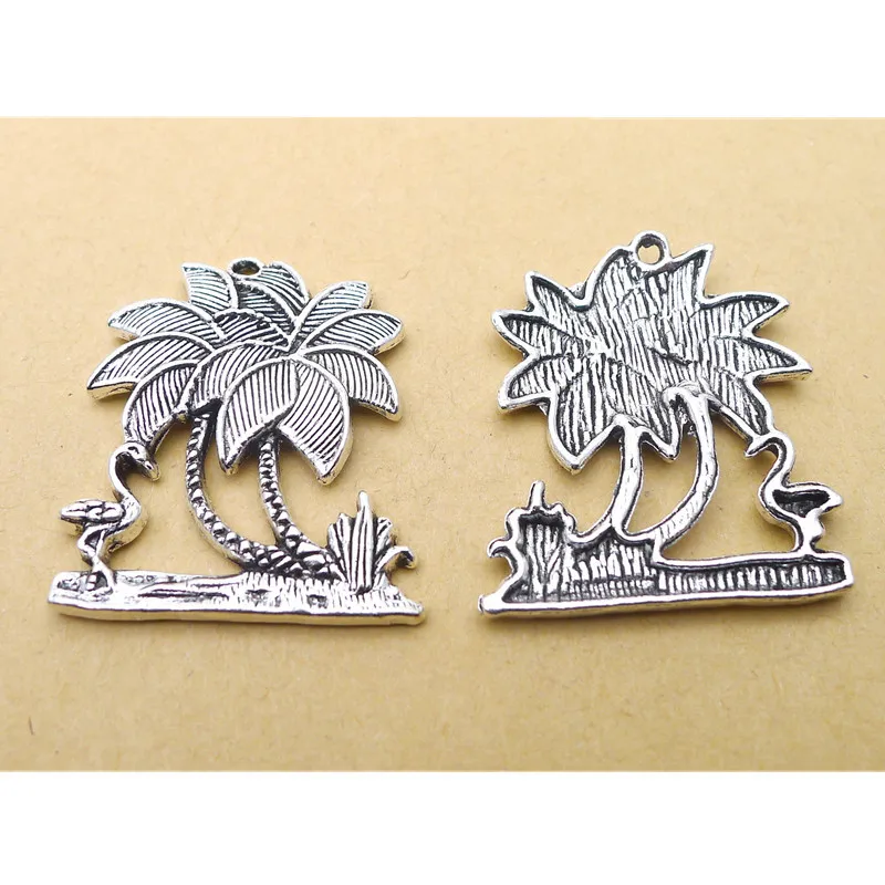 

50Pcs/lot Antique Silver Coconut Tree Charms 28x34MM Flamingo And Coconut Tree Charms Fruit Tree Pendants
