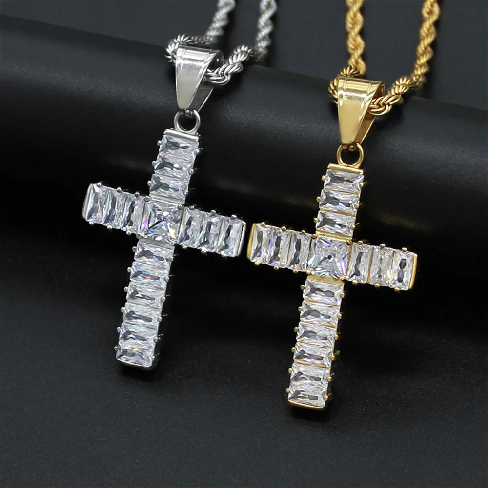 

Hip Hop Iced Out Bling Cross Pendant Necklaces Gold Color Stainless Steel Cubic Zirconia Necklace For Women Men's Jewelry Gift