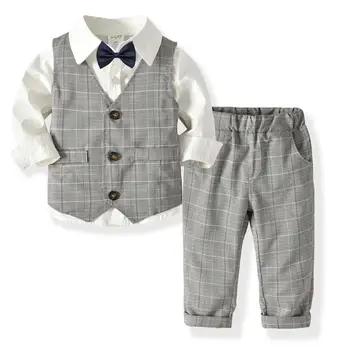 

New boy baby long-sleeved shirt stripe plaid vest trousers gentleman bow tie 2-7 years clothing baby birthday party dress set