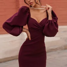 

Sexy V-neck Strapless Tight Puff Sleeve Dress Women's Spring Club Party Night Red Elegant Mid-length Dress Black Dress Retro