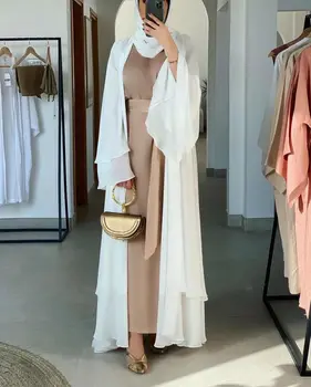 Egzotyczne Eid Mubarak Ramadan dubaj sukienka Abaya Kimono dla kobiet moda Kaftan Cardigan suknia ślubna Islam turcja ubrania tanie i dobre opinie Dla osób dorosłych CN (pochodzenie) Chiffon POLIESTER szarfy Na co dzień EX520 Black Beige White