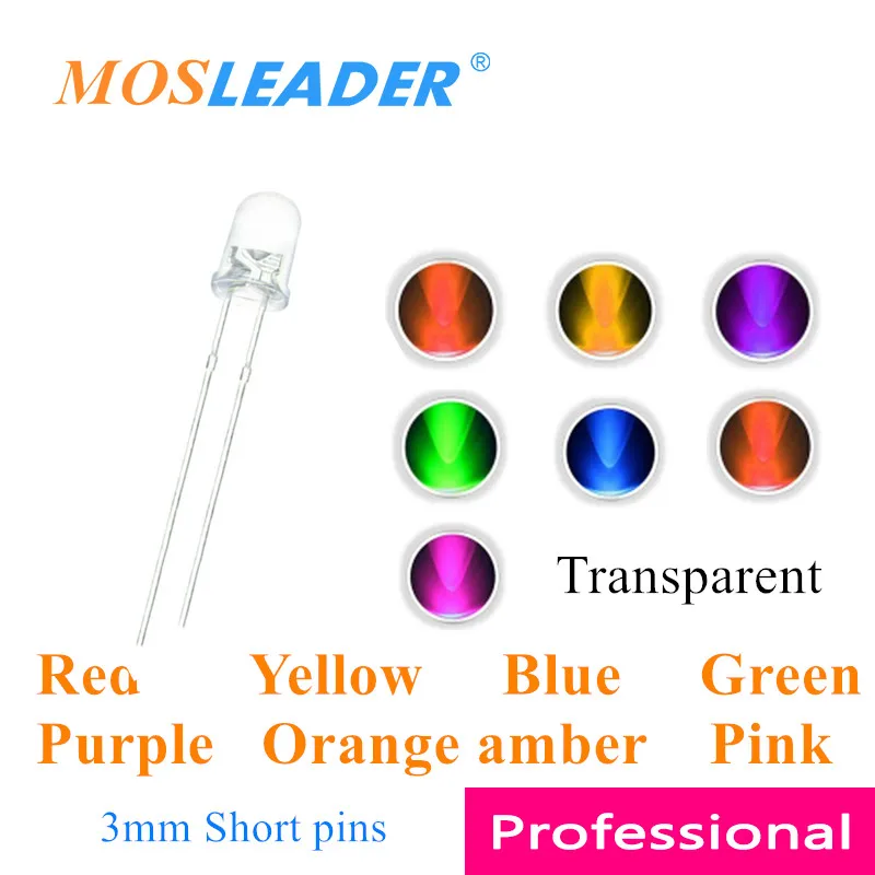 

Mosleader 3 мм F3 1000 шт. красный желтый синий зеленый фиолетовый оранжевый янтарный розовый светодиод прозрачные короткие контакты 15-17 мм с круглой головкой китайский