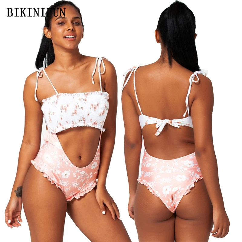 

2020 New Sexy Ribbed Swimsuit Women Floral Print Monokini Front Cutout Swimwear S-XL Girl Overlaps Bathing Suit One Piece Suit