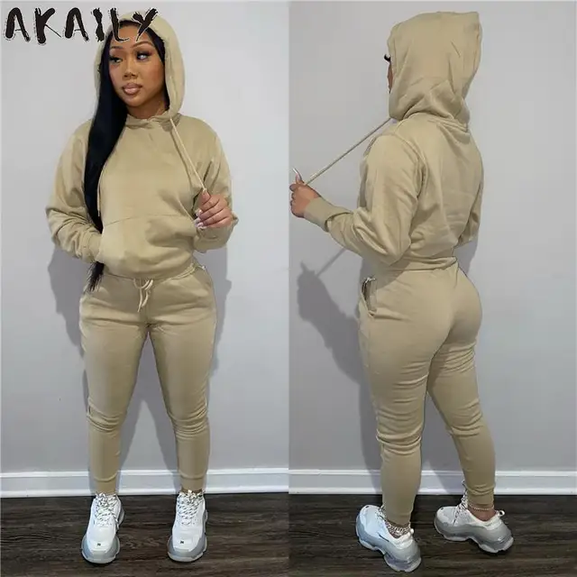 Akaily Autumn Gray 2 Two Piece Sets Tracksuit Womens Outfits Black Fleece Hoodies Pants Sets Suits Ladies Sweatsuit For Women 4