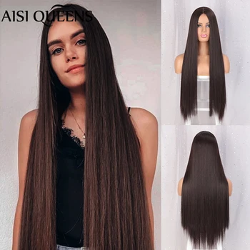 

AISI QUEENS Partly Lace Long Straight Synthetic Wigs for Women Ombre Black Dark Brown Red Wig Wig Natural Middle Part Wig
