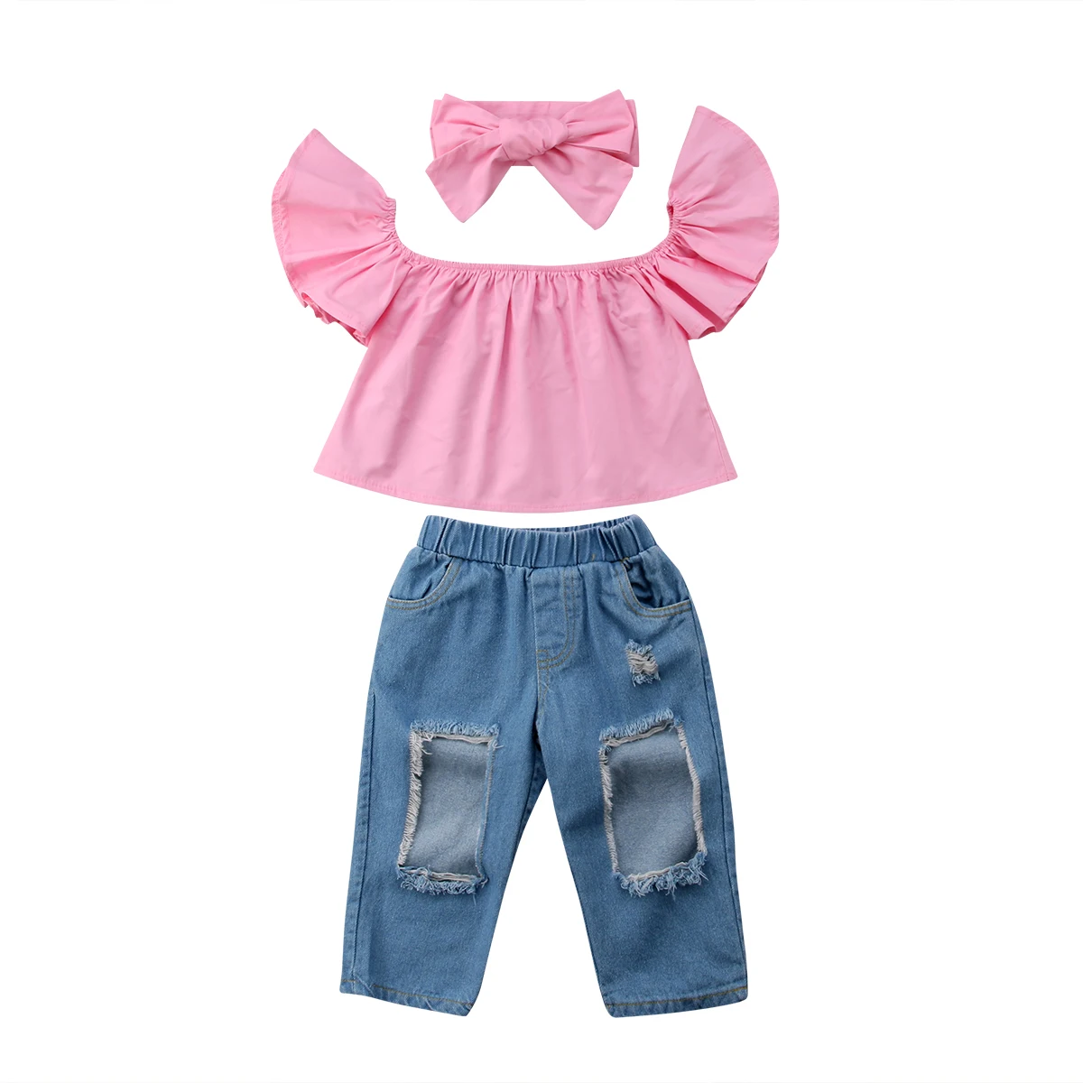 

Toddler Kids Girls Set Clothes Infant Off Shoulder Pink Tops+Holes Denim Pants+Headband Fashion 2Pcs Outfits Set 1-6T