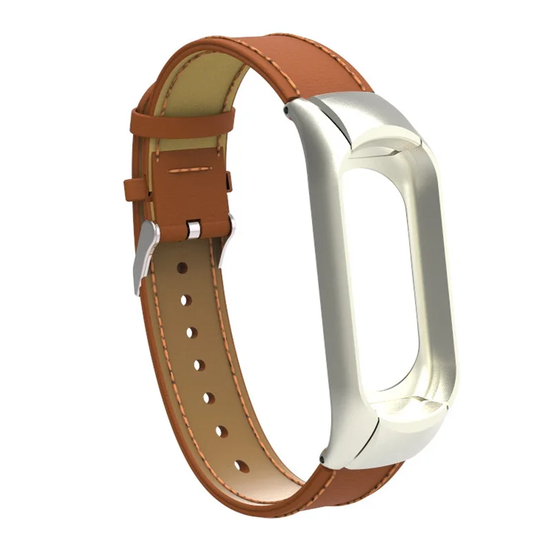 Модный кожаный ремешок для Xiaomi mi Band 4 mi Band 3 металлический каркас кожаный браслет для mi band 3 4 браслет умные аксессуары - Цвет: Brown