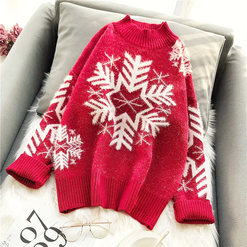 Chrismas Snowflake Red Knitted Women Sweaters Turtleneck Flare Sleeved Thicken Warm Lady Outwear Coat Tops | Женская одежда