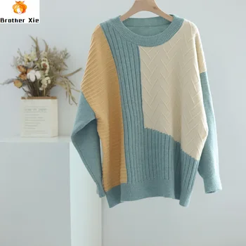 

Vintage 2020 Color Patch Women Sweater And Pullovers O-Neck Long Sleeve Women Sweater Pullover Femme Tricot Pull Femme