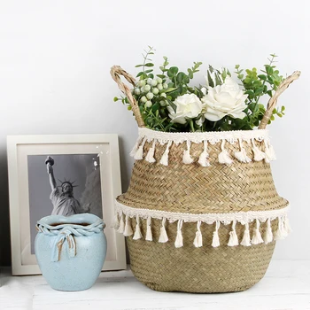 

Lace Foldable Natural Seagrass Woven Storage Pot Garden Flower Hanging Basket With Handle tassel Storage Basket laundry basket