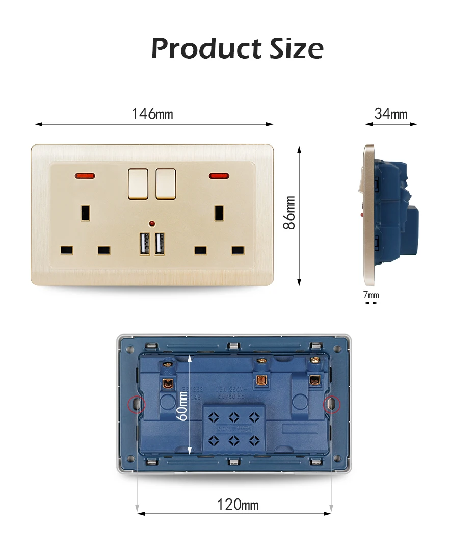 Minitiger настенный разъем питания двойной Великобритании стандартный отвод переключается 2.1A двойной USB зарядное устройство Порт светодиодный индикатор 146 мм* 86 мм золотой цвет
