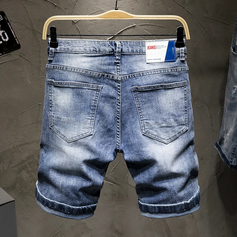 Мужские джинсы популярные летние шорты прямые эластичные хлопковые с разрывами дырками рваные хип-хоп, светлые синие Модные поддельные молнии