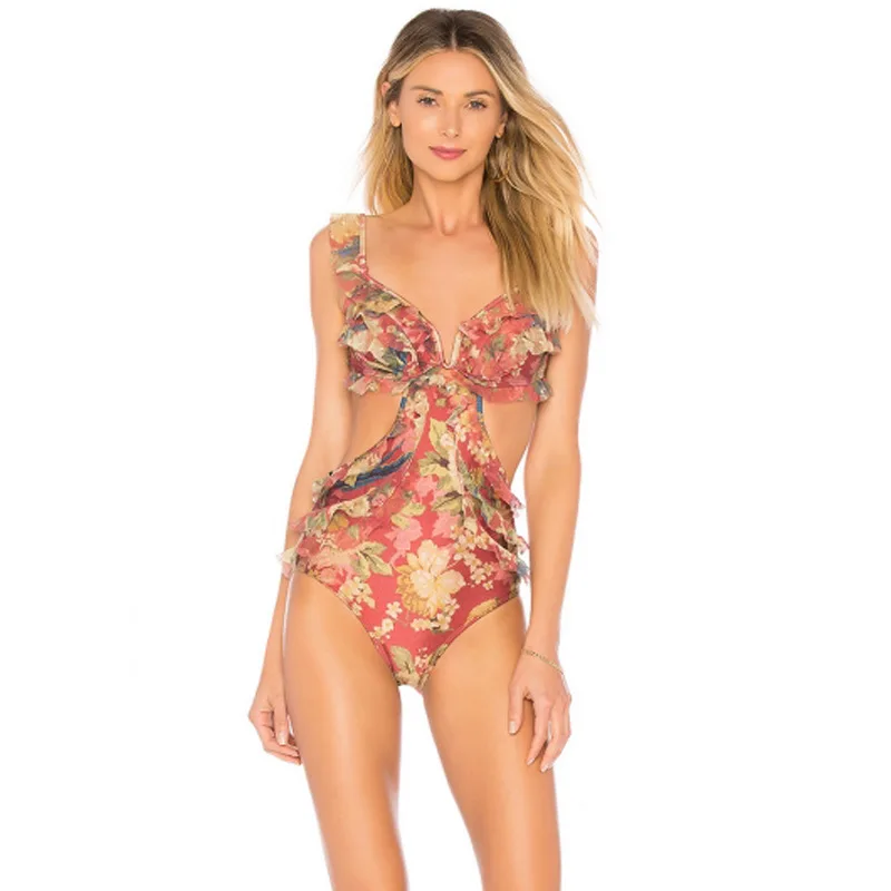 

Fashion Customizable Europe And America Gauze Lace Sexy Deep V Slimming Floral Frilled Horizontal Neck off-Shoulder One-piece Sw