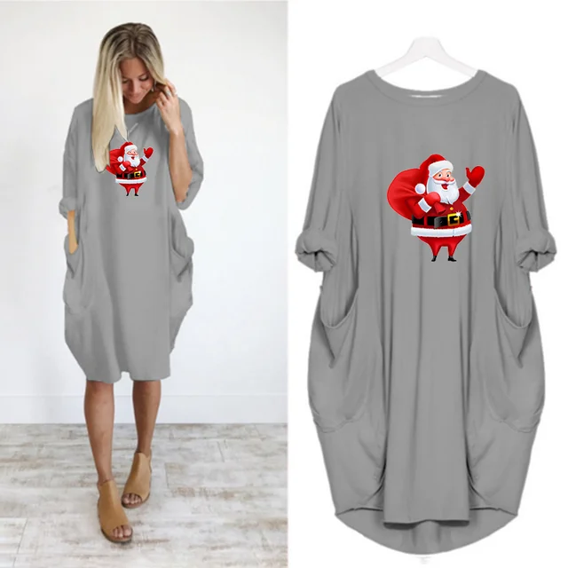 Navidad Women Dress Christmas Pocket Casual Loose Vintage Party Fall Clothes Santa Claus Kawaii Womens  Dresses D002M544 Gray
