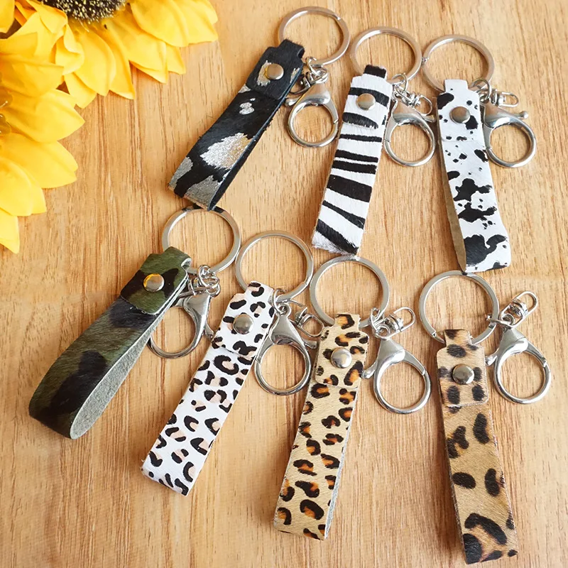 

Leopard Cowhide Genuine Leather Keychains for Women Bag Handle Accessories Key Rings