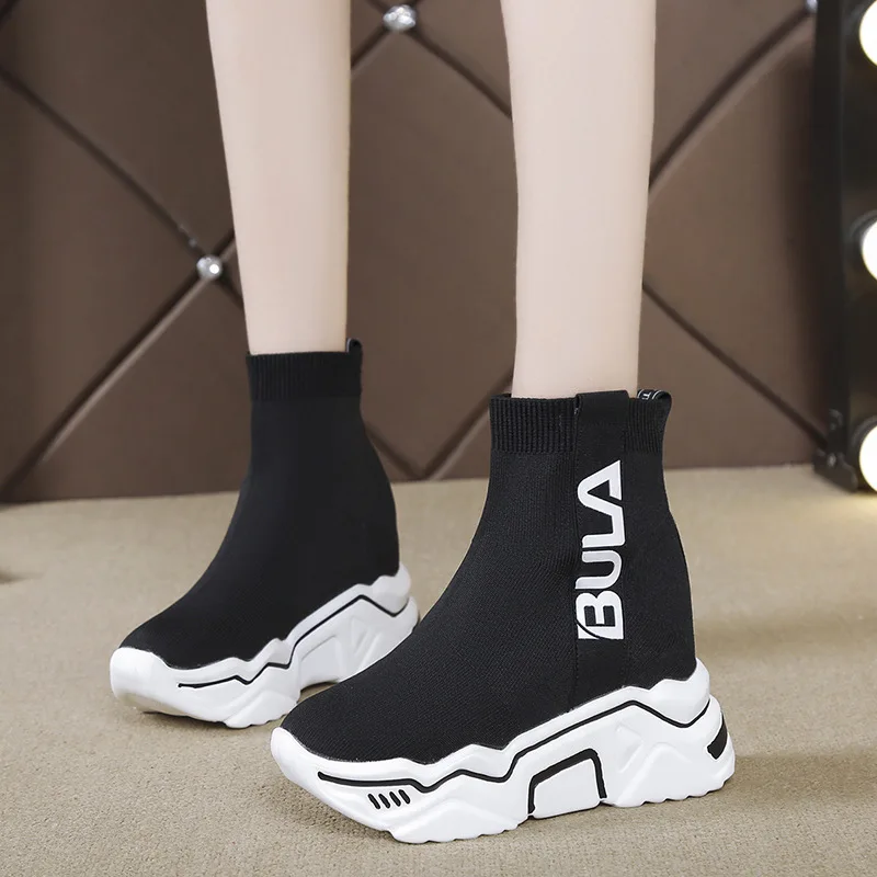 

New Style Platform Heel Slip-on wa zi xie Women's Mixed Colors Elevator Casual Shoes Hight-top Fly Weaver Shoe