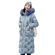 High Quality Winter Jacket Women Cotton Padded Outwear Female X-long Coat Hooded With Fur Loose Parka Korean Style