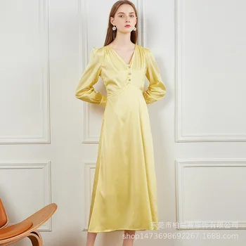 

2020 New Arrival Spring Autumn Fall Dress Women Runway Designer High Quality Silk Satin A-line Ladies Yellow Luxury Long Dresses