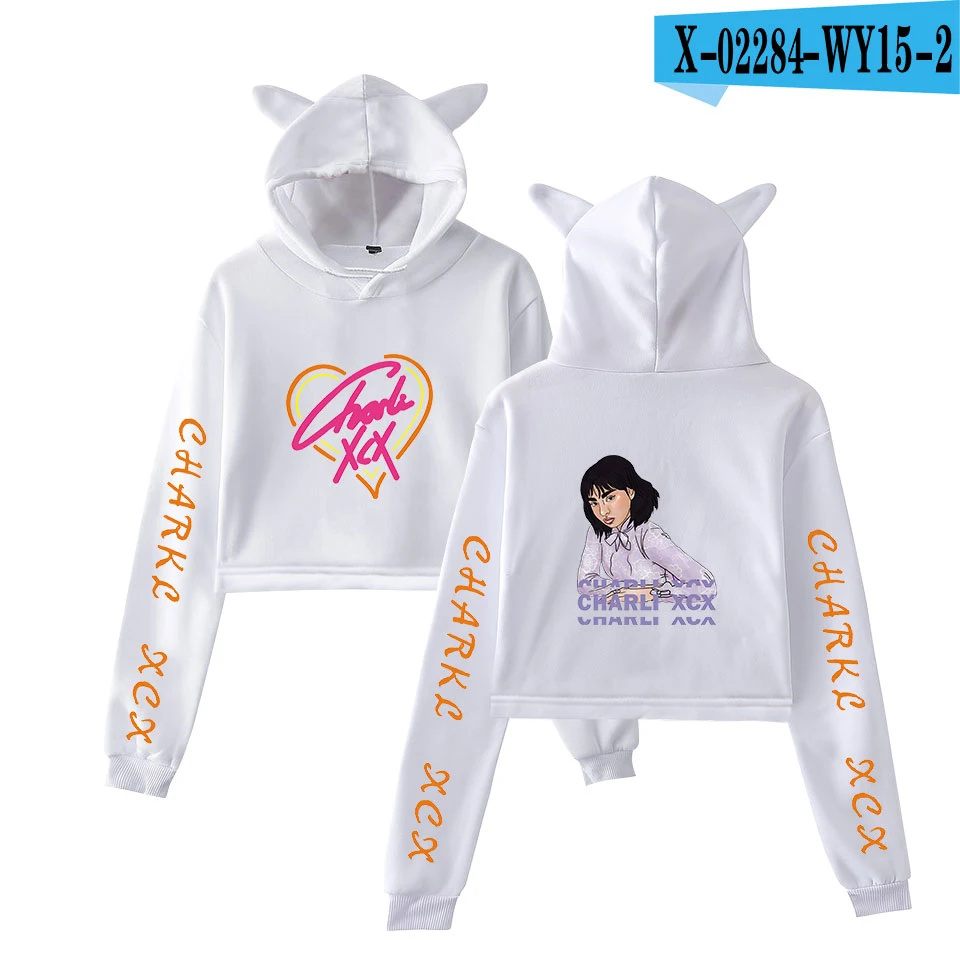 As picture Модные Charli XCX кошачьи уши Повседневные Удобные толстовки с капюшоном для женщин поп кроп топ толстовки женские худи для девочек белые пуловеры толстовка - Цвет: As picture