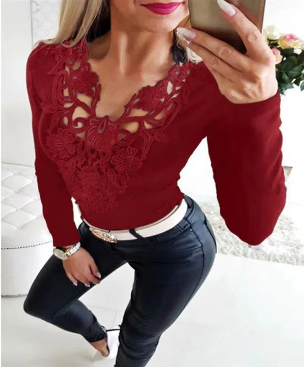 

OEAK 2019 Fashion Womens Casual V-Neck Solid T-Shirts Top Ladies Autumn Sexuality Long Sleeve Crop Tops Slim Short T-Shirt