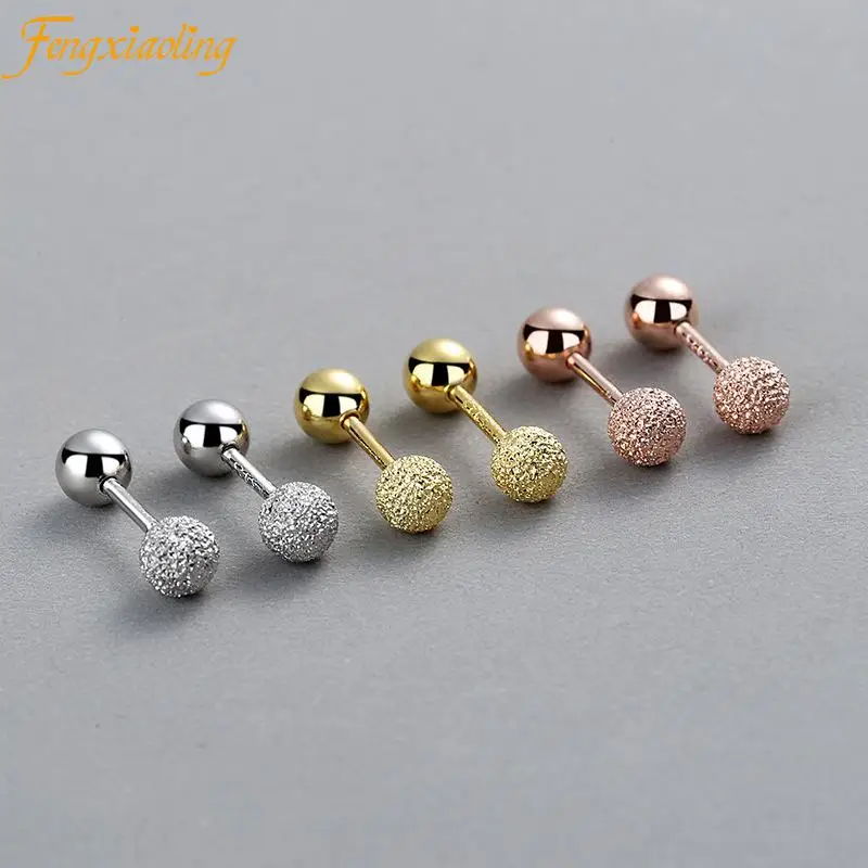 Fengxiaoling Real 925 Sterling Silver Matte Round bead Stud Earrings For Women Children Baby Girls Minimalist Jewelry gifts 2021 | Украшения