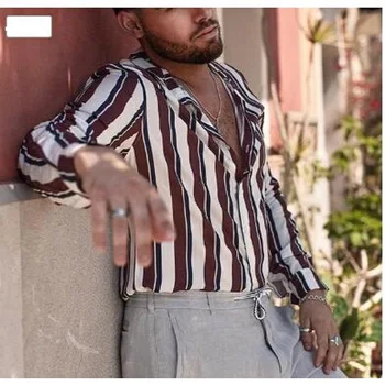 

Summer Men Stripe Shirt Patchwork Long Sleeve Multi Color Striped Beach Shirt Beach Tops Loose Casual Shirt Chemise Homme 2020