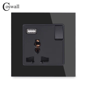 

Coswall Crystal Glass Panel 13A Universal 3 Pin Socket Switched With USB Charge Port DC 5V 2.1A C1 Series Black White Gold Grey