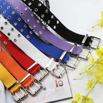 

Harajuku Wide Canvas Web Double Grommet Hole Buckle Belt Female Male Waist Strap Belts for Women Men Jeans