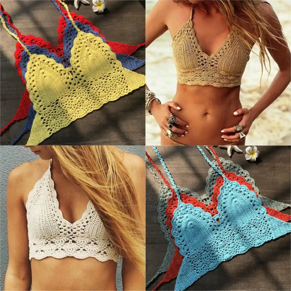 

Crop Top Sexy Women Summer Backless Crochet Top Knit Beach Knitting Halter Cami Tank Crop Top Halter Bra