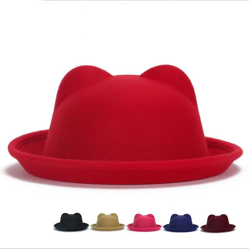 Women Winter Autumn Unique Cute Wool Felt Cat Ears Hat Cap Christmas Fodoras Bucket Caps
