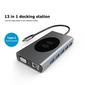 

13 in 1 Aluminum Alloy Docking Station USB Type C to USB3.0 VGA RJ45 HDMI PD Audio3.5 TF 10W Wireless Charger USB Hub Adapter