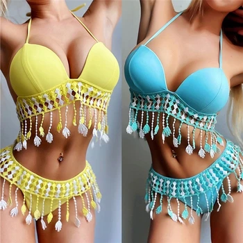 

Blue Tie-Dye Blue Bikini Set Women Lace Up Tassel Thong Two Pieces Swimwear 2020 Girl Beach Bathing Suits Swimsuits