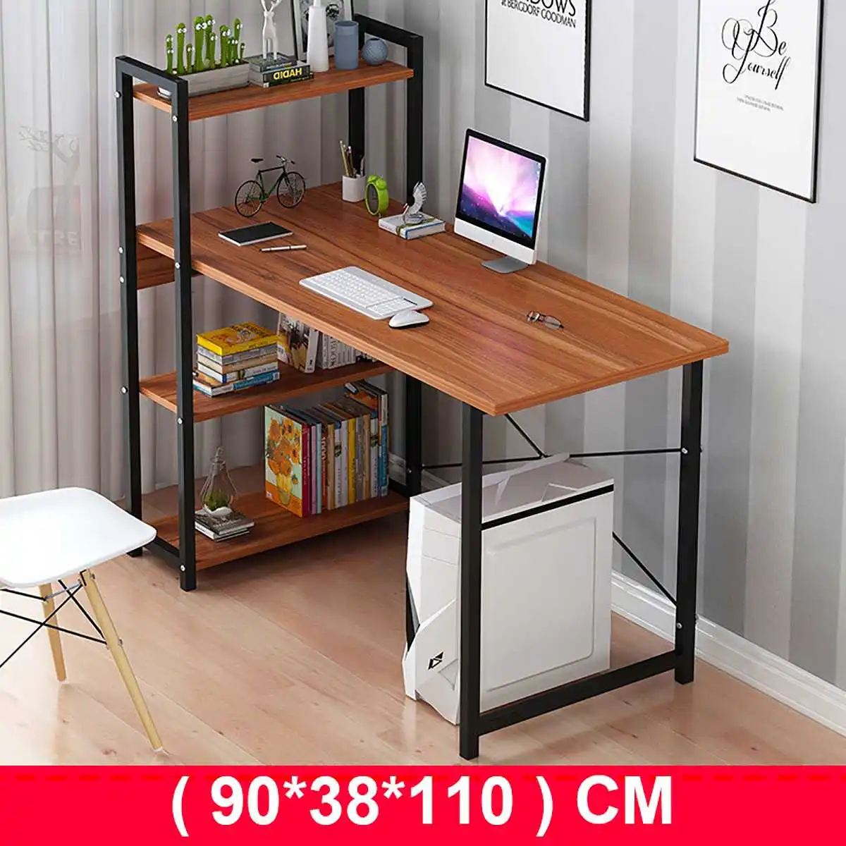 

Computer Laptop Desk with Shelves Simple Modern Single Bedroom Simple Office Desk with 4 Tiers Bookshelf Combination for Home