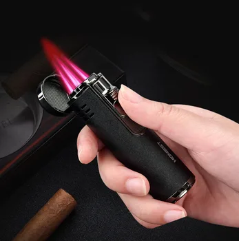 

Honest 4 straight blue jet flames lighter with cigar drilling multifunction metal lighter butane gas gift box