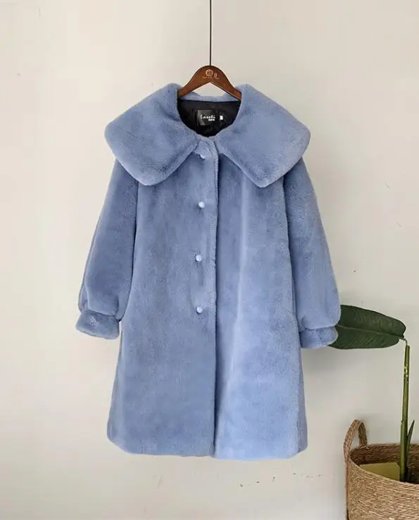 blue Кукольный воротник, зимнее пальто, женская толстая меховая парка размера плюс, свободная юбка, дизайн, искусственный мех, куртка средней длины, теплое меховое пальто для женщин - Цвет: blue