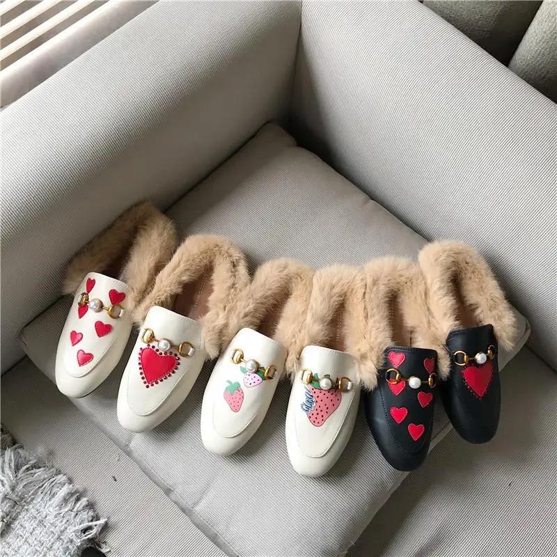

Women Fur Slippers Furry Mules Rivet Loafers Slip-on Pearl Slides Lady Shoes