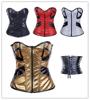 

Faux Leather zipper Overbust Corset gold/sliver Bustier Showgirl Clubwear Burlesque Carnival Costume Lingerie S-2XL