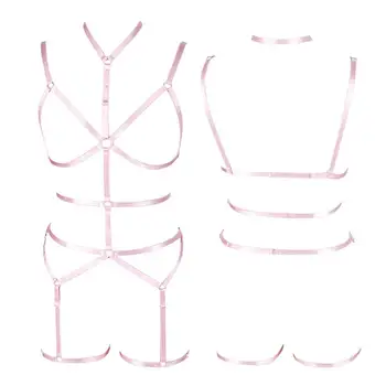 

Pink Lingerie Belt Strappy Full Body Top Cage Garter Belts Hollow Out Plus Size Elastic Punk Goth Party Wear Harness Set Women