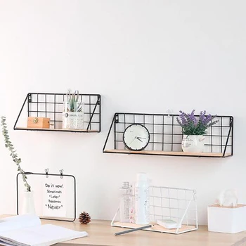 

Nordic Iron Art Grid Wall Hanging Shelf Household Wall Storage Rack With Hooks Door Key Holder No Trace Nails To Install