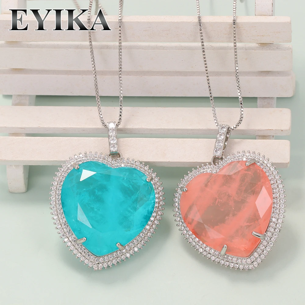 

EYIKA Luxury Blue Pink Fusion Crystal Stone Love Heart 32*32mm Pendant Necklace for Women Zircon Jewelry Anniversary Gift