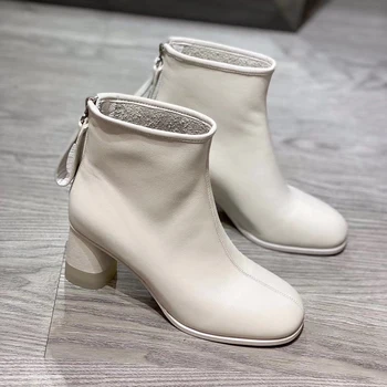

Solid Leather Ankle Boots Spring Autumn Brand Women Shoes Fashion Square Heel Zip Female Boots
