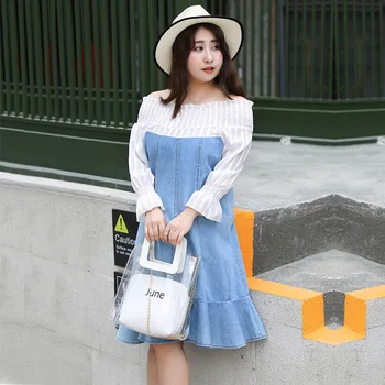 

2020 summer fat mm200 kg Korean version of the large size women's chiffon fight denim word collar dress 5219