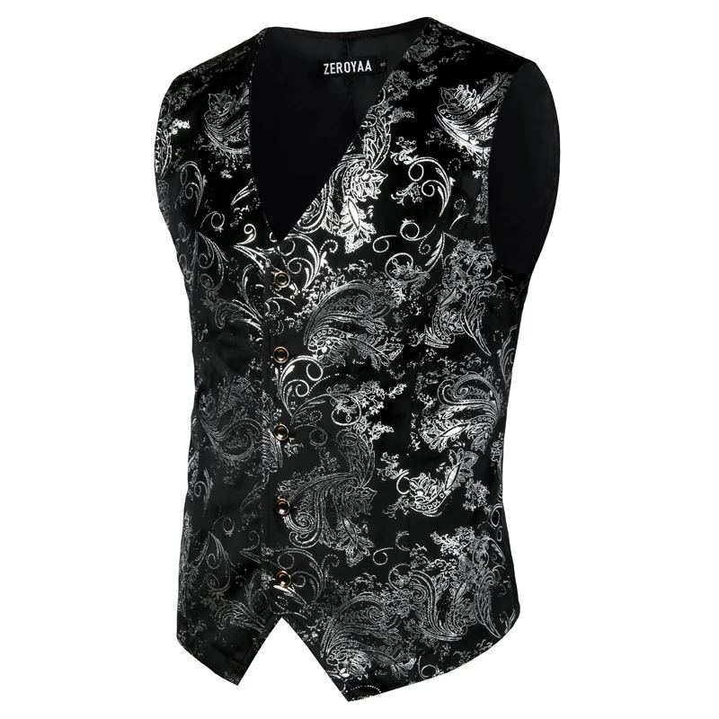 

Mens Sliver Metallic Paisley Print Vest Breasted V-Neck Suit Vest Tuxedo Waistcoat Gothic Aristocrat Steampunk Victorian Gilet