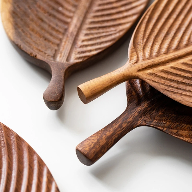 Q9QF Wooden Leaf Shape Refreshment Tray Fruit Tray Dessert Snack Plate Japanese Style Bread Wooden Plate Decorative Tableware fruit plate ceramic dessert plates wooden tableware