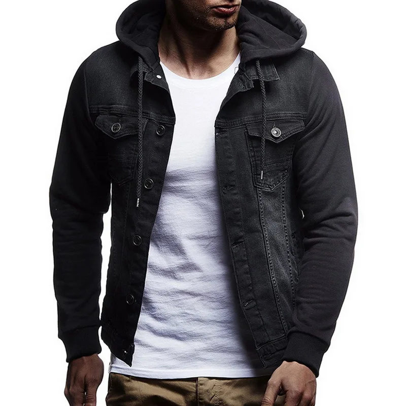 Litthing новые джинсовые куртки мужские с капюшоном осенние джинсовые пальто для мужчин Высокое качество мода уличный стиль Классическая однотонная одежда - Цвет: Black