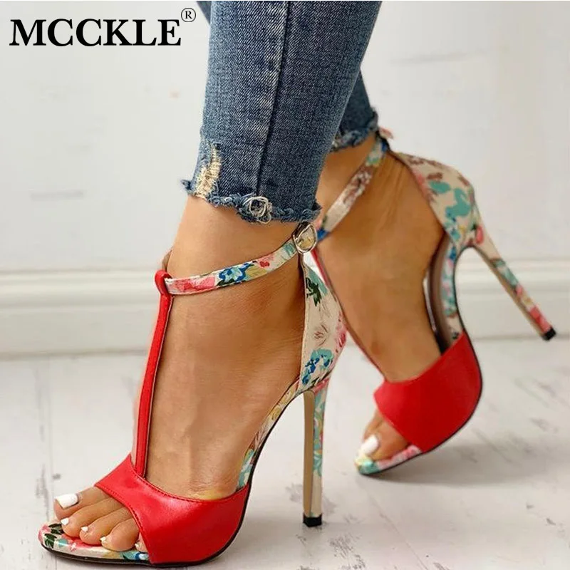

MCCKLE New Summer Sandals Women Sexy Peep Toe Print Flower Ankle T- Strap Thin High Heels Female Fashion Ladies Shoes Stilettos